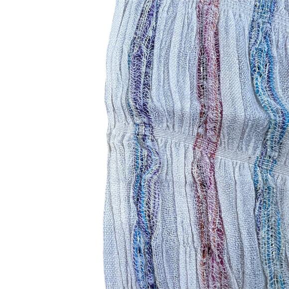 White Striped Fringed Scarf with Shimmery Silver Threads L66" W9" Fringe 3" - Picture 4 of 8